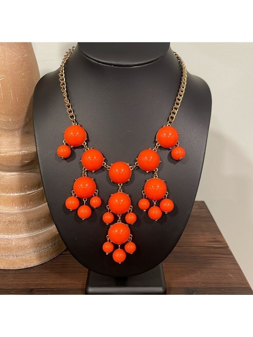Vintage Orange Coral Bubble Bead Statement Bib Necklace 28"